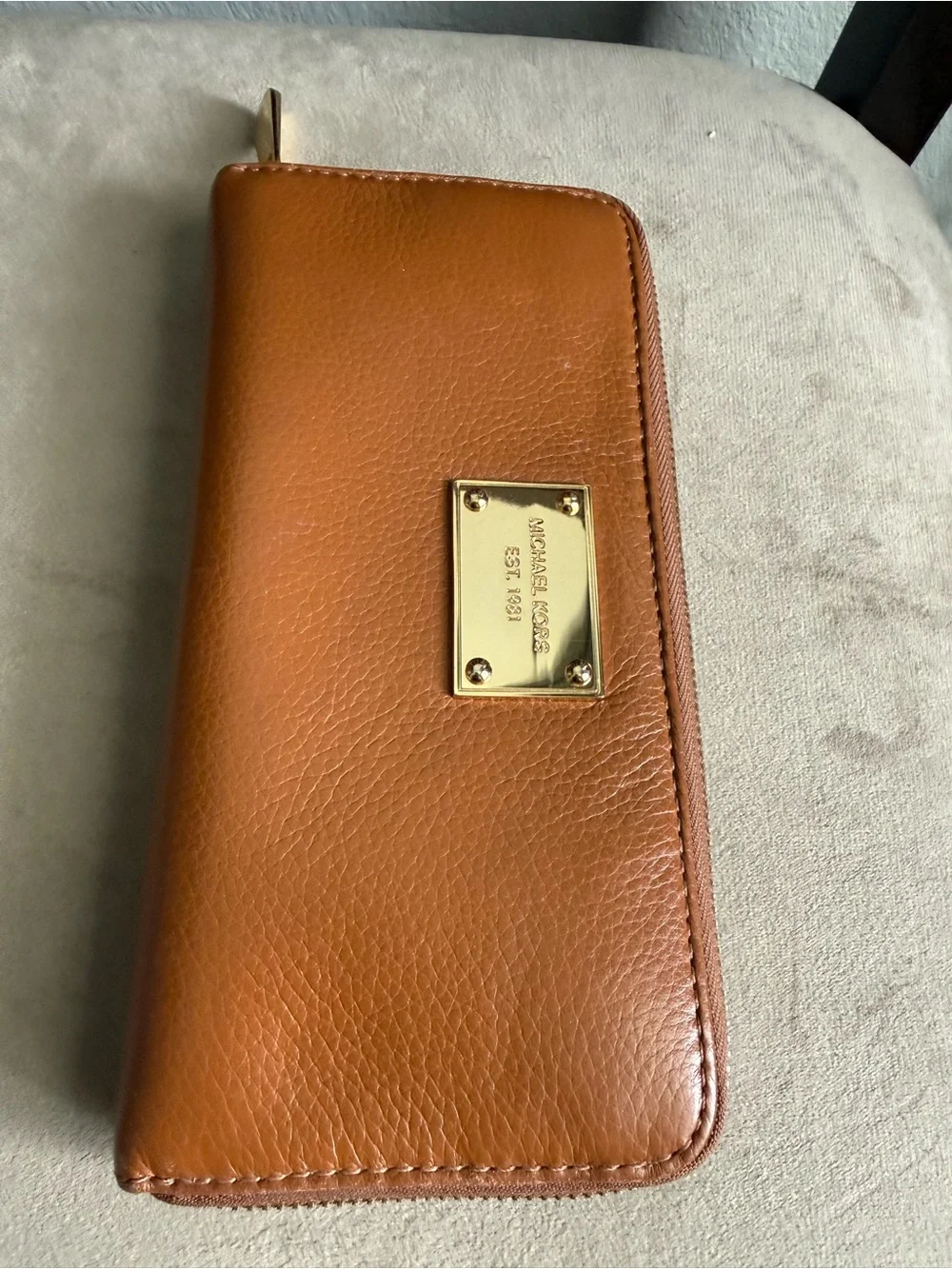 Michael Kors Cognac Leather Zip-Around Wallet with Gold Plaque